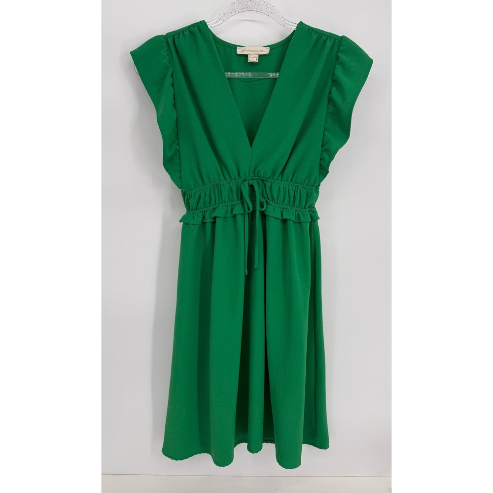 Monteau Los Angeles Green Ruffle Flutter Sleeve V-Neck Fit & Flare Dress Sz S